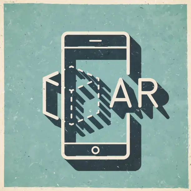 Vector illustration of AR Augmented reality with smartphone. Icon in retro vintage style - Old textured paper