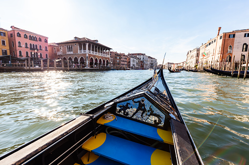 Gondola cruise on Grand Canal in Venice, Italy. Romantic tourist attraction