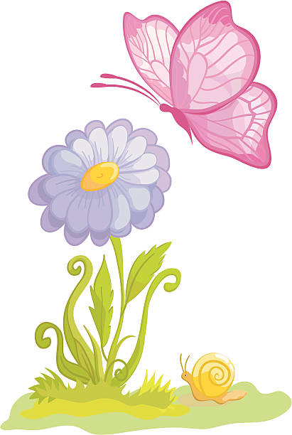 ilustraciones, imágenes clip art, dibujos animados e iconos de stock de flor con la mariposa - butterfly flower single flower grass