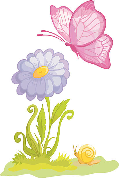 illustrazioni stock, clip art, cartoni animati e icone di tendenza di fiori con farfalla - butterfly flower single flower grass