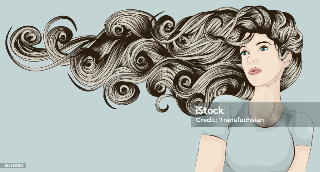 Woman's face with very long detailed hair "Beautiful woman with long curly hair blowing in the wind. Face, hair and background are on separate layers. Each hair strand is individual object. Easily change colors . Extra folder includes Illustrator CS2 AI and PDF files." Women stock vector