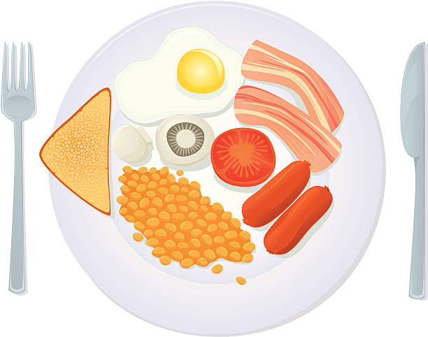 traditional english breakfast "CMYK illustration of a traditional English breakfast served on a plate - fried egg, bacon, sausages, grilled tomato, baked beans, mushrooms and toast on white background." baked beans stock illustrations