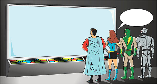 Superheroes looking at screen vector art illustration