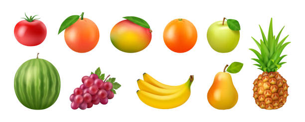 istock Ripe fruits realistic 3D vector illustration set, healthy eating. Tomato, grapefruit apple and mango, watermelon and orange, pear and grape, banana and pineapple whole vegetarian food 1643929624