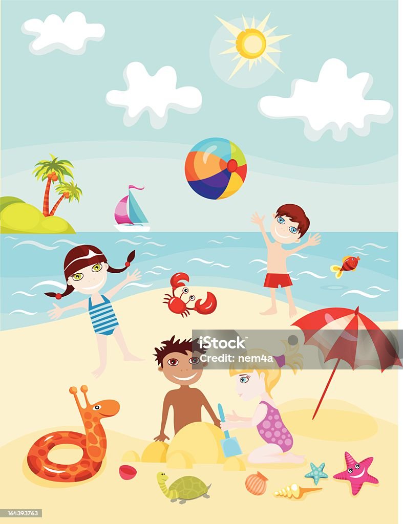 Card design illustration with kids playing at a beach vector illustration of a children card Baby - Human Age stock vector