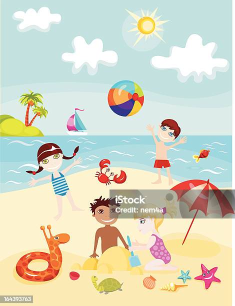 Card Design Illustration With Kids Playing At A Beach Stock Illustration - Download Image Now
