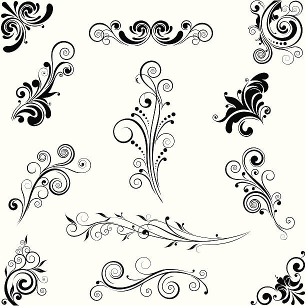 ilustraciones, imágenes clip art, dibujos animados e iconos de stock de conjunto de ornamentos florales diseño - baroque style rococo style single line frame