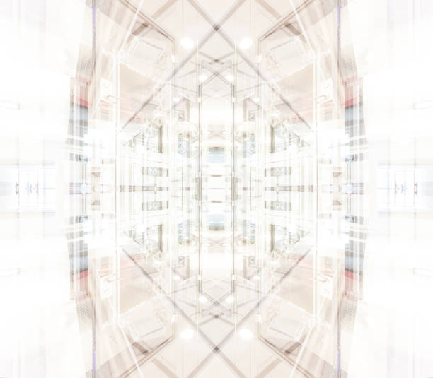 Abstract representation of office interiors featuring glass walls, capturing the geometric interplay of transparency and reflection.