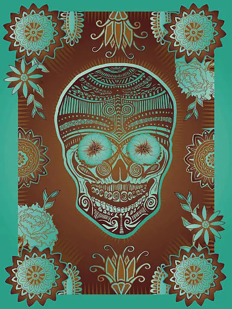 Vector illustration of Dia de los Muertos skull in brown and turquoise