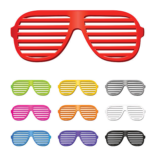 Set of different colored slatted sunglasses vector shutter shades sun glasses collection red spectacles stock illustrations