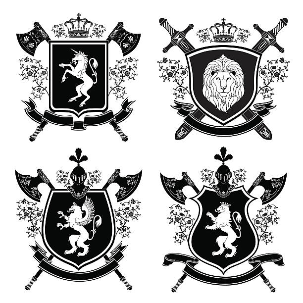 국가 문장 (coat of arms) - heraldic griffin sword crown stock illustrations