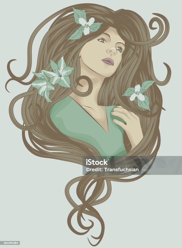 Volto femminile con capelli dettagliate - arte vettoriale royalty-free di Stile Liberty