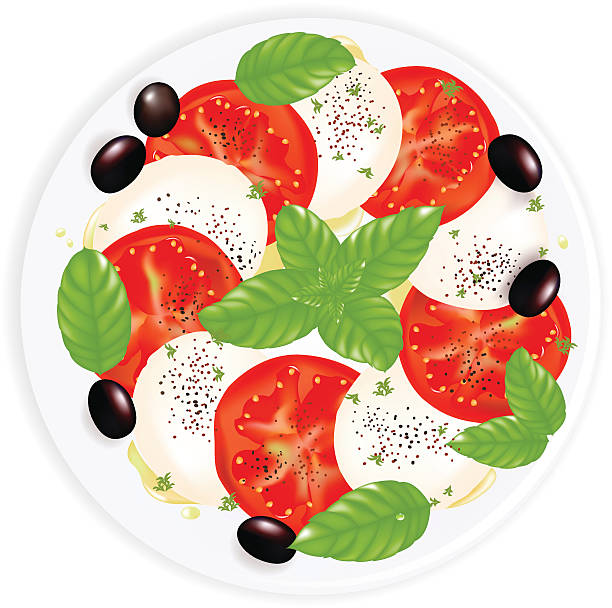 caprese-salat mit mozzarella und basilikum, schwarzen oliven, olivenöl - pepper spice black peppercorn white background stock-grafiken, -clipart, -cartoons und -symbole