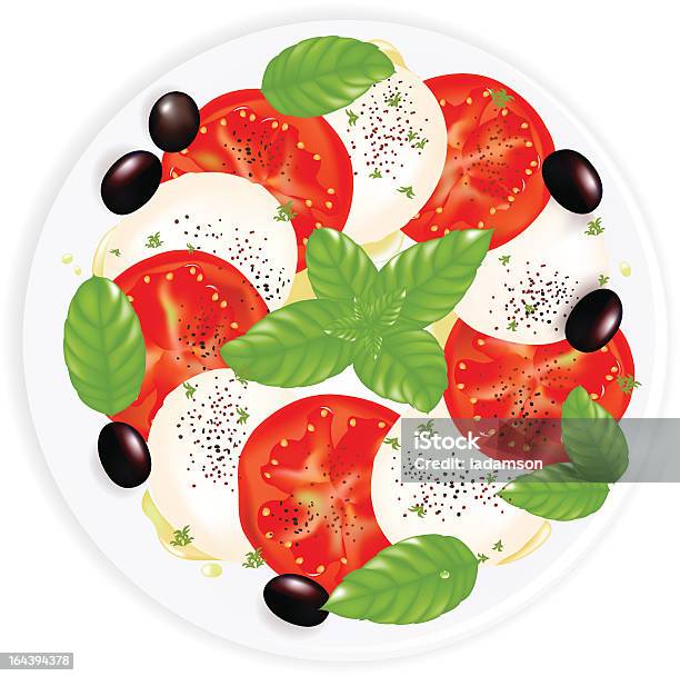 Salade Caprese Mozzarella Basilic Huile Dolive Et Olives Noires Vecteurs libres de droits et plus d'images vectorielles de Aliment