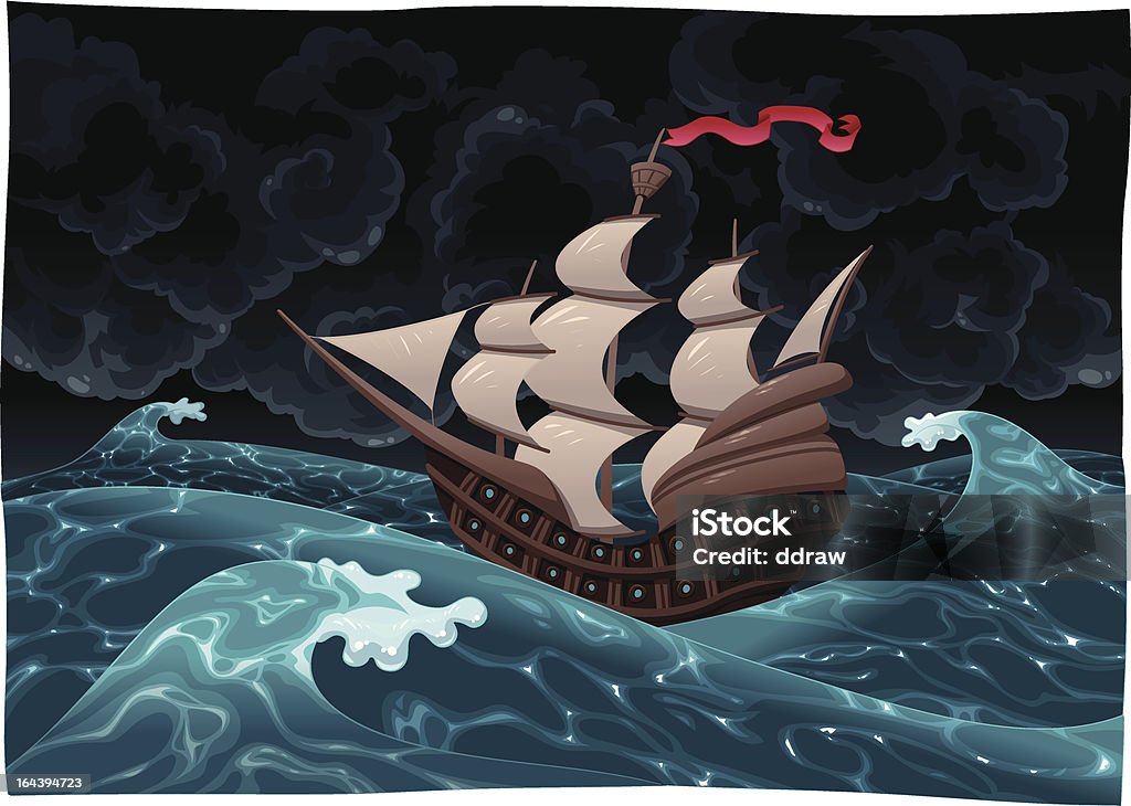 Galeón en el mar con la tormenta. - arte vectorial de Tormenta - Tiempo atmosférico libre de derechos