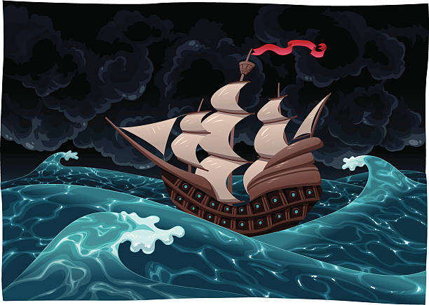 ilustraciones, imágenes clip art, dibujos animados e iconos de stock de galeón en el mar con la tormenta. - storm pirate sea nautical vessel