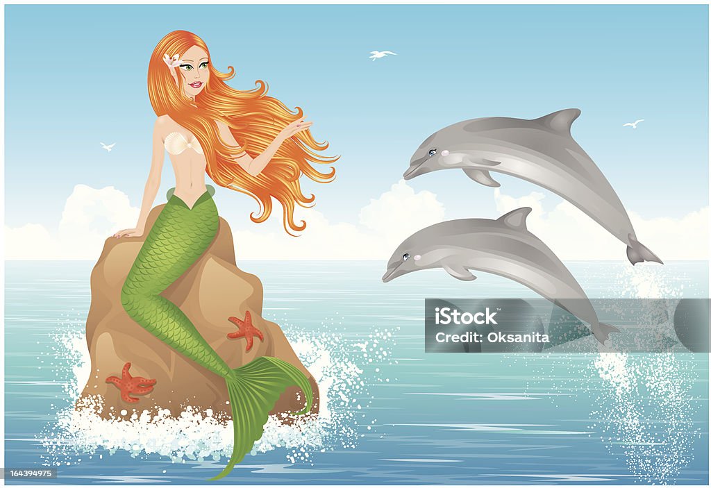 Sirena e due delfini. - arte vettoriale royalty-free di Roccia
