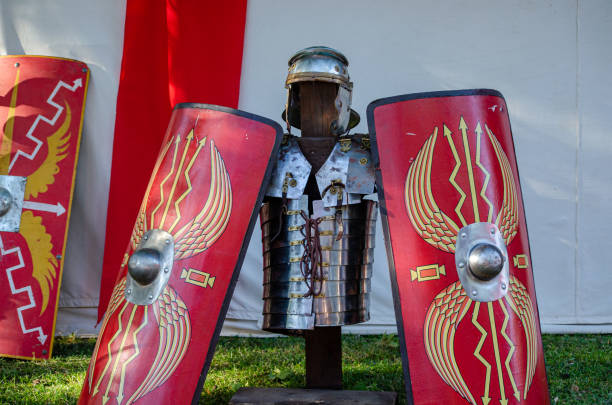 istock roman shields and armor lorica segmentata, historical recreation 1643950473