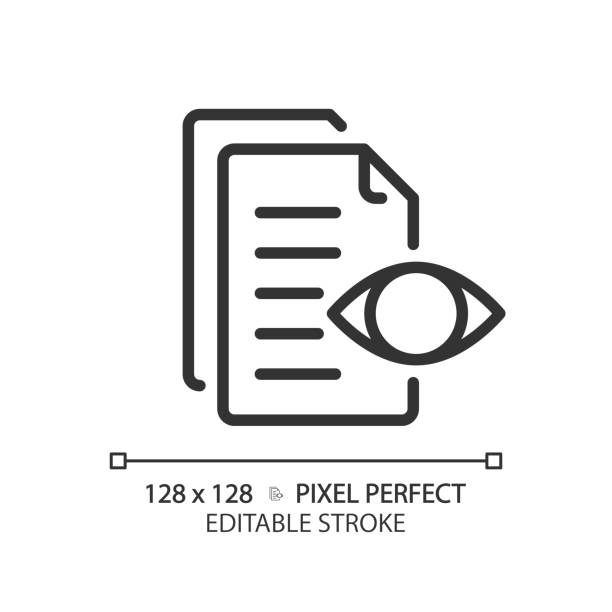 2D customizable preview document thin linear black icon 2D pixel perfect editable black preview document simple icon, isolated vector, thin line document illustration. eyes looking down stock illustrations