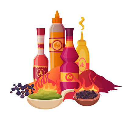 Spicy spices. cartoon hot pepper and spices Vector concept picture of spice cartoon, chili mexican and jalapeno isolated, sauce burning isolated illustration