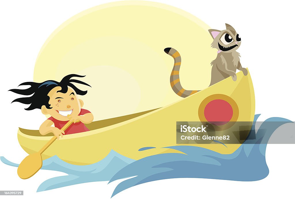 Criança e gato em uma Canoa - Royalty-free Criança arte vetorial