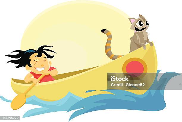Criança E Gato Em Uma Canoa - Arte vetorial de stock e mais imagens de Criança - Criança, Canoagem, Remar