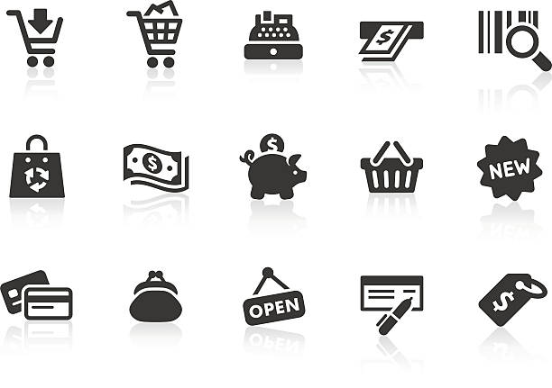 Shopping icons 1 "Monochromatic shopping related vector icons for your design and application. Raw style. Files included: vector EPS, JPG, PNG and icons with euro (aA) symbol." label clipart stock illustrations
