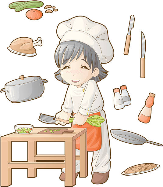 Chibi professions sets: Cook The cute and kawaii kid chef cooking  salad deli pie stock illustrations