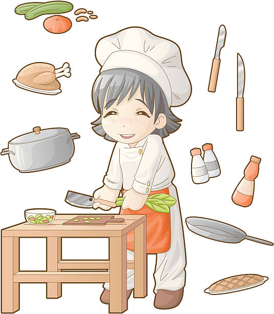 Chibi professions sets: Cook The cute and kawaii kid chef cooking salad shredded chicken stock illustrations