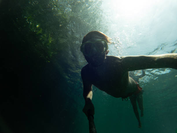 istock Man takes selfie underwater while swimming in a clear clean water 1643965342