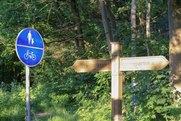 istock Road direction and warning sign with tree background in rural Germany 1643966050