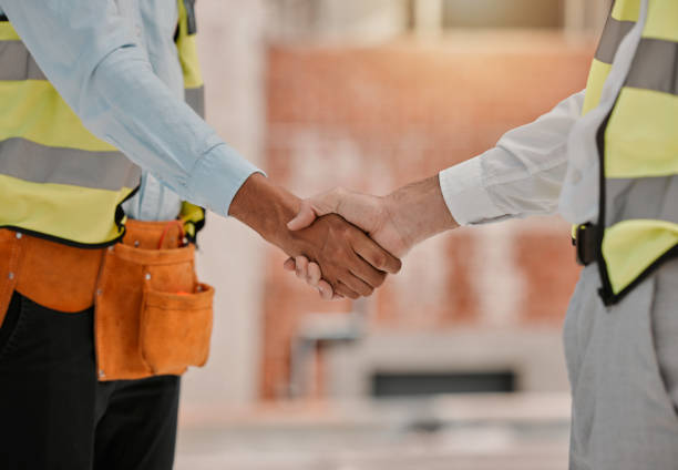 istock Architect hand shake, partnership and people teamwork on development project, industrial deal or architecture. Contractor hiring, construction worker contract agreement or engineer welcome handshake 1643967823