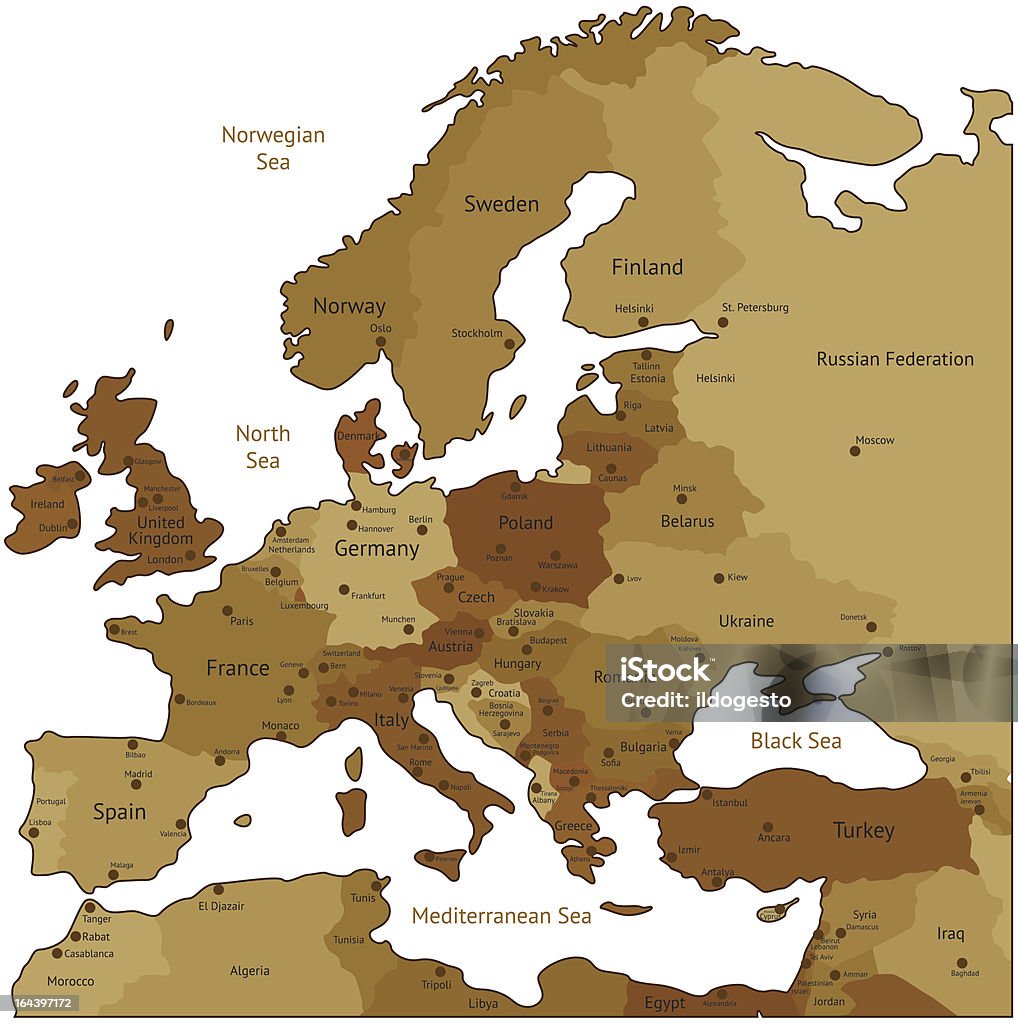 Brown map of Europe - 免版稅地圖圖庫向量圖形