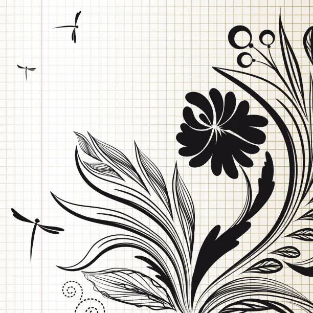 Vector illustration of Floral patterns and dragonflies on the page of copybook.