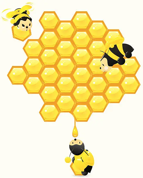 Vector illustration of Honeycomb and cute working bees