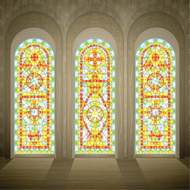 ilustraciones, imágenes clip art, dibujos animados e iconos de stock de iglesia pared con tres ventanas con vitrales gótico - stained glass church window glass