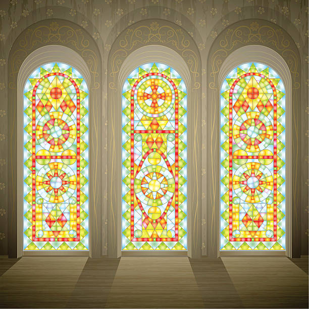 교회 벽 세 가지 고트어 때묻은 유리컵 windows - stained glass church window glass stock illustrations