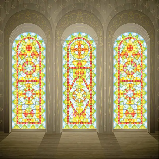 Vector illustration of Church wall with three gothic stained glass windows