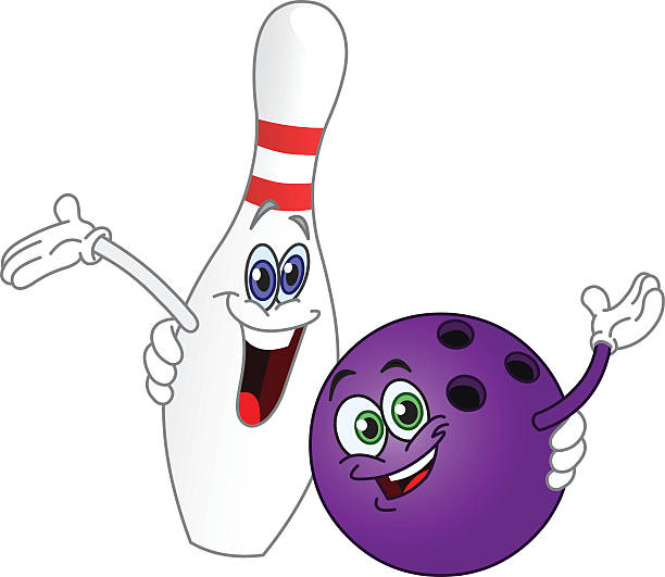 Cartoon of purple bowling ball and pin waving and smiling Cartoon bowling ball and pin bowling ball stock illustrations