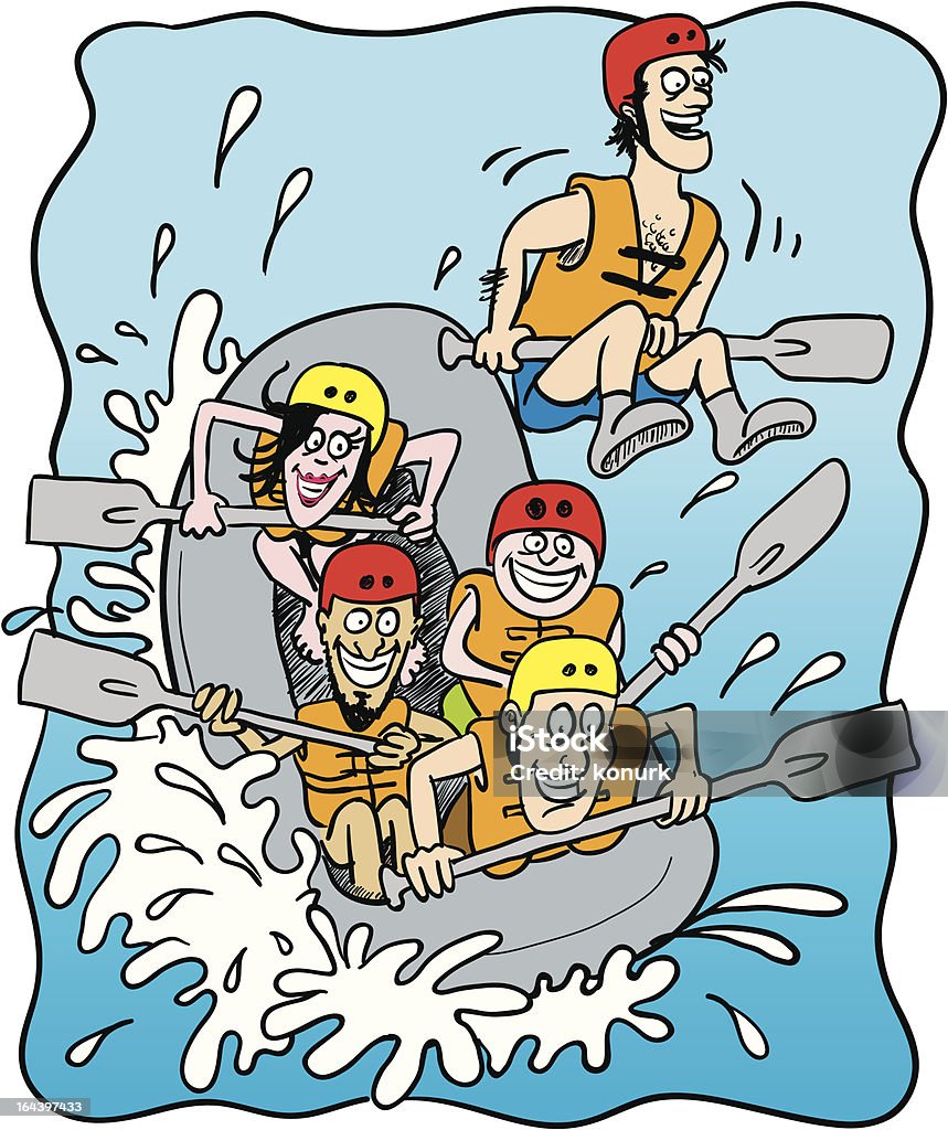 white water rafting cartoon illustration of five happy people rafting on a boat Blue stock vector