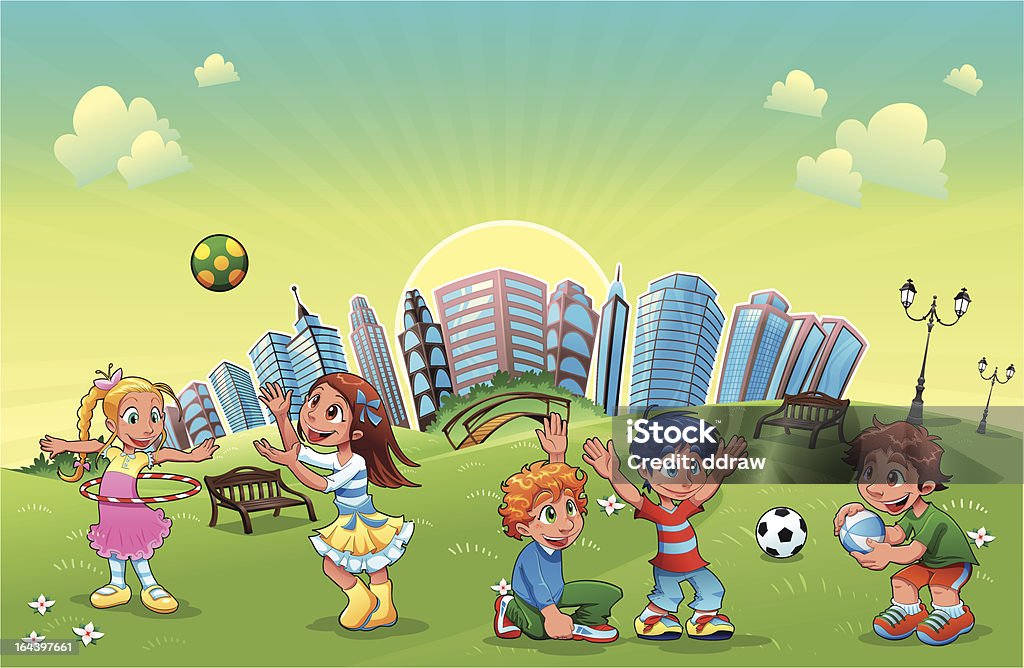 Boys and girls are playing in the park. Boys and girls are playing in the park. Funny cartoon and vector scene. Active Lifestyle stock vector