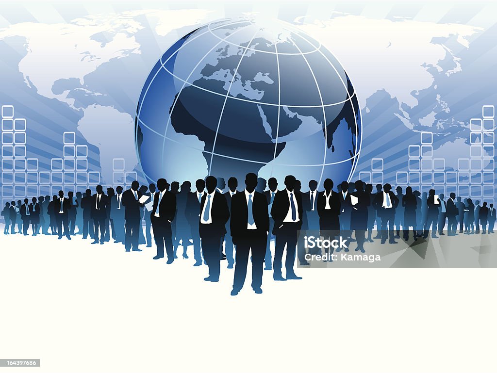 Cartoon image of a globe with business people in front Businesspeople are standing in front of large world map.  Globe - Navigational Equipment stock vector