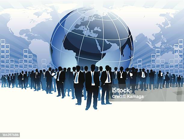 Cartoon Image Of A Globe With Business People In Front Stock Illustration - Download Image Now