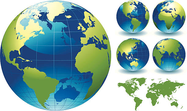 World Globe Map of the Earth "=""World Globe Map of the Earth. This is a stylised editable EPS file of a globe of the world. This file also includes a highly detailed world map traced manually in Illustrator CS3 and supplied as Illustrator 8 eps vector illustration on 1 layer. Created " atlantic ocean stock illustrations