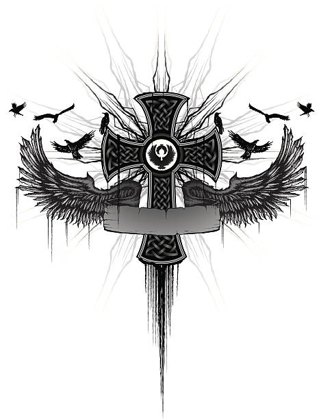 Celtic Cross Celtic cross wrapped in a winged banner. Winged banner and birds are hand drawn. Cross is vectored. All elements are separate objects and separate layers. celtic cross stock illustrations