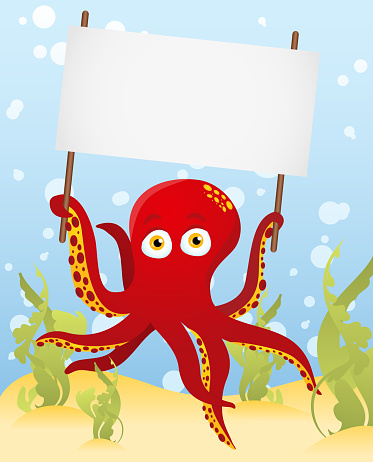 Vector. Octopus holding blank sign with crystal cubes.