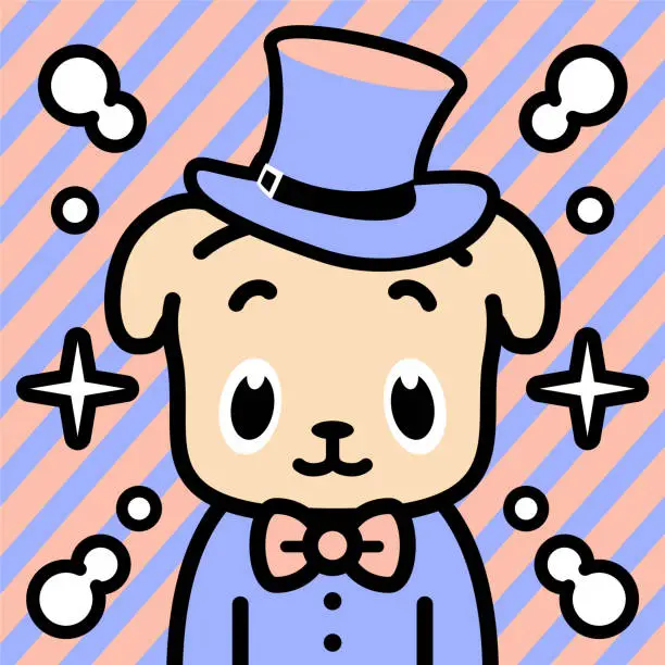 Vector illustration of A stylish dog wearing a morning suit with a top hat and a bow tie