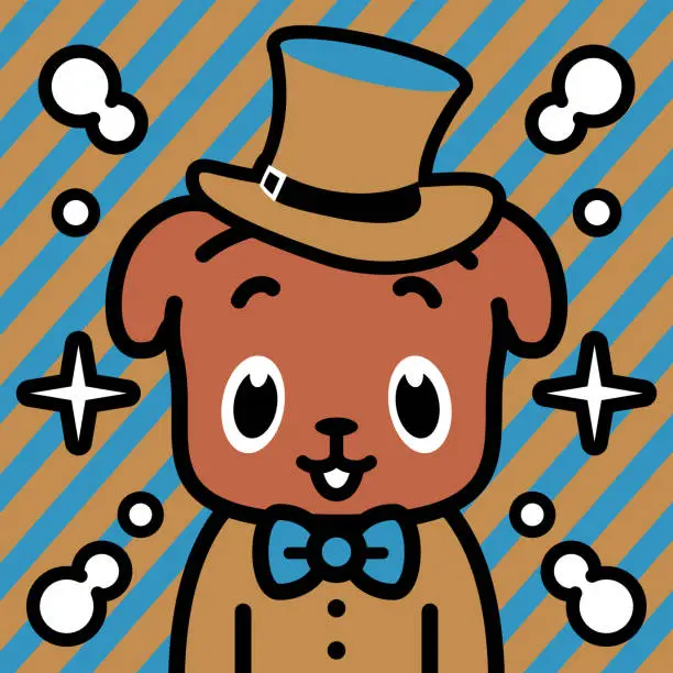 Vector illustration of A stylish dog wearing a morning suit with a top hat and a bow tie