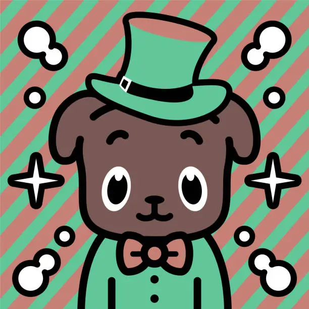 Vector illustration of A stylish dog wearing a morning suit with a top hat and a bow tie