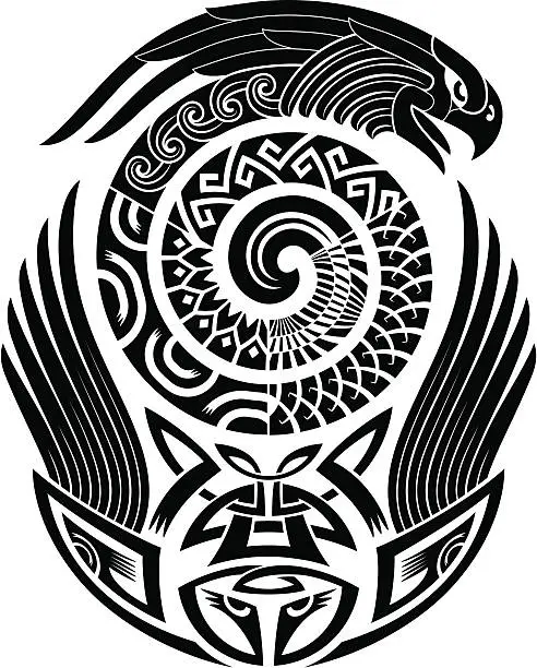 Vector illustration of Snake-bird tattoo pattern